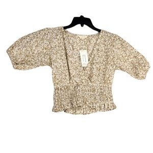 Sim & Sam Tan White Floral Smocked Waist Cropped Blouse Top Size Small